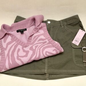 Y2K Outfit Bundle Purple Zebra Print Sweater Vest & Army Green Cargo Skirt NWT